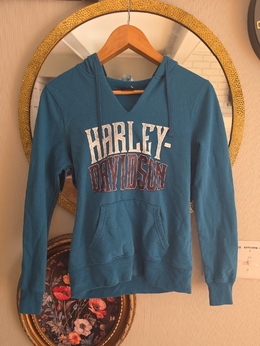 Harley-Davidson Teal V-Neck Hooded Sweatshirt with Front Logo Womens Small